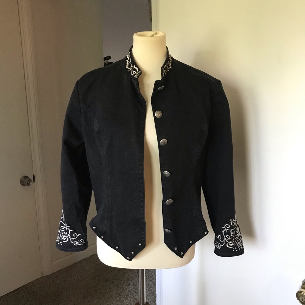 Cool vintage, black denim, embroidered jacket